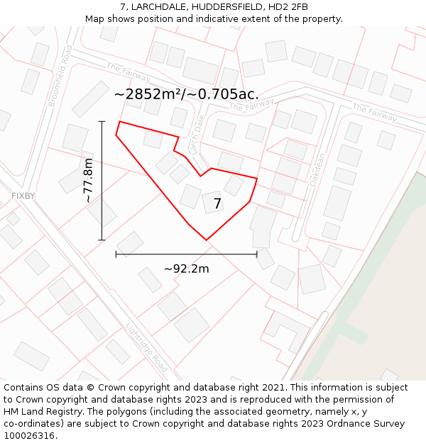 7, LARCHDALE, HUDDERSFIELD, HD2 2FB: Plot and title map