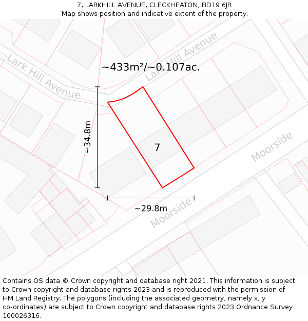 7, LARKHILL AVENUE, CLECKHEATON, BD19 6JR: Plot and title map