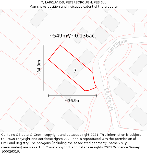 7, LARKLANDS, PETERBOROUGH, PE3 6LL: Plot and title map