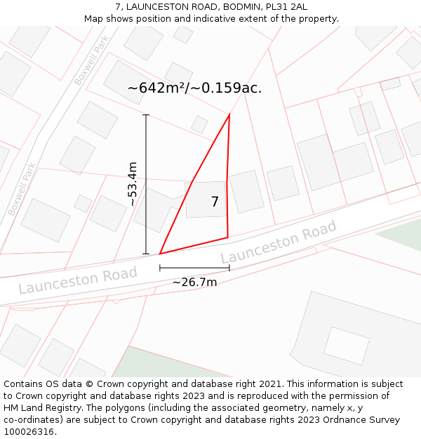 7, LAUNCESTON ROAD, BODMIN, PL31 2AL: Plot and title map