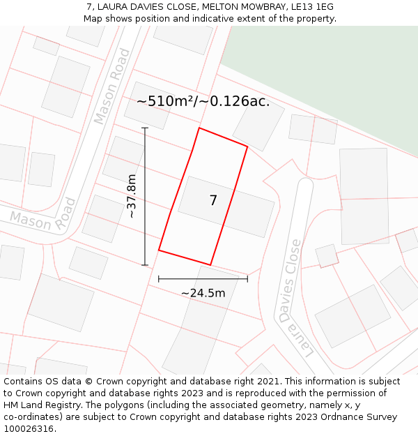 7, LAURA DAVIES CLOSE, MELTON MOWBRAY, LE13 1EG: Plot and title map