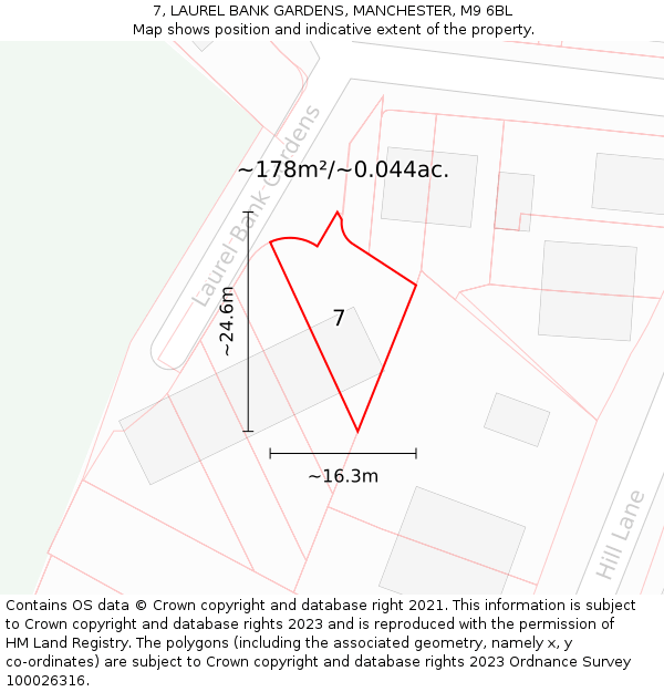 7, LAUREL BANK GARDENS, MANCHESTER, M9 6BL: Plot and title map