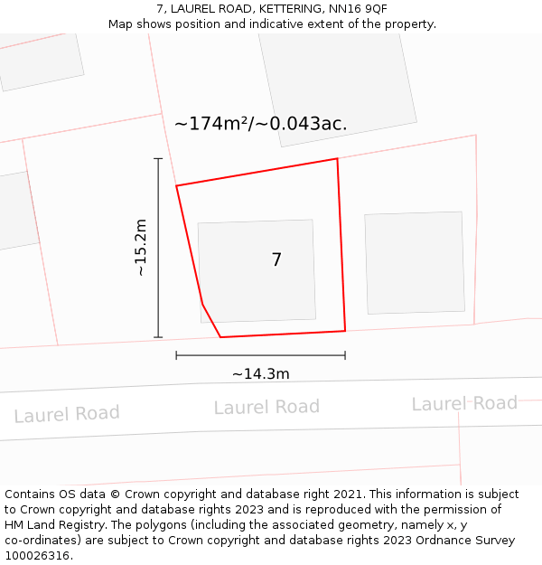 7, LAUREL ROAD, KETTERING, NN16 9QF: Plot and title map