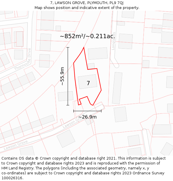 7, LAWSON GROVE, PLYMOUTH, PL9 7QJ: Plot and title map