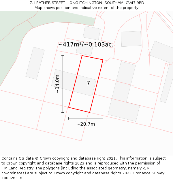 7, LEATHER STREET, LONG ITCHINGTON, SOUTHAM, CV47 9RD: Plot and title map