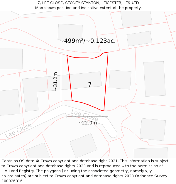 7, LEE CLOSE, STONEY STANTON, LEICESTER, LE9 4ED: Plot and title map