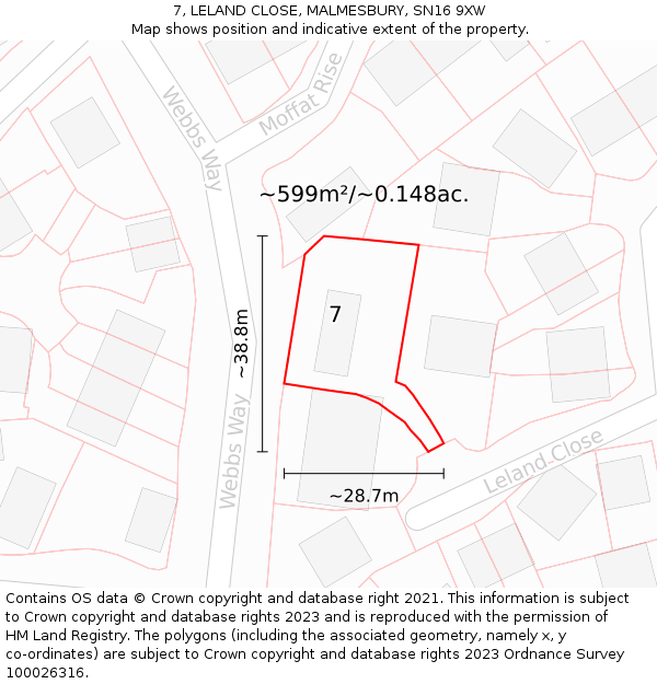 7, LELAND CLOSE, MALMESBURY, SN16 9XW: Plot and title map