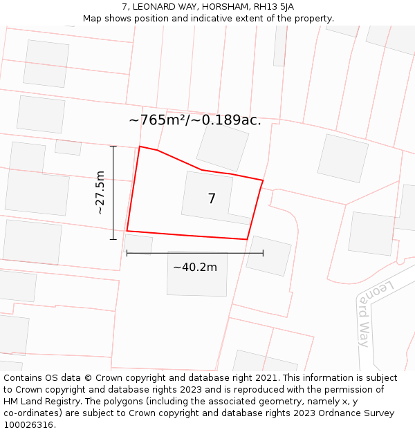 7, LEONARD WAY, HORSHAM, RH13 5JA: Plot and title map