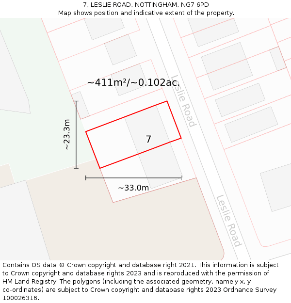 7, LESLIE ROAD, NOTTINGHAM, NG7 6PD: Plot and title map
