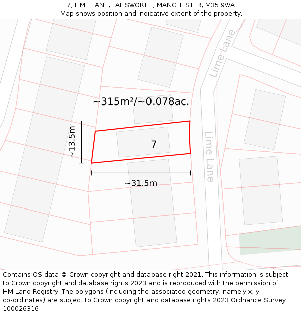 7, LIME LANE, FAILSWORTH, MANCHESTER, M35 9WA: Plot and title map