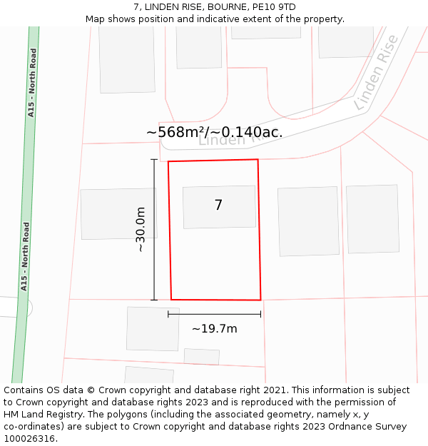 7, LINDEN RISE, BOURNE, PE10 9TD: Plot and title map