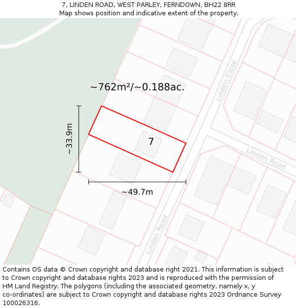 7, LINDEN ROAD, WEST PARLEY, FERNDOWN, BH22 8RR: Plot and title map