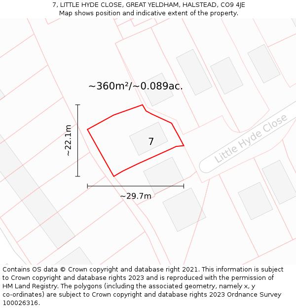 7, LITTLE HYDE CLOSE, GREAT YELDHAM, HALSTEAD, CO9 4JE: Plot and title map