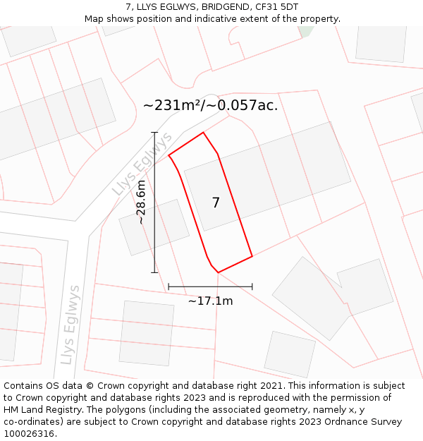 7, LLYS EGLWYS, BRIDGEND, CF31 5DT: Plot and title map