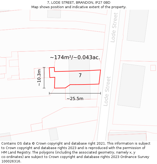 7, LODE STREET, BRANDON, IP27 0BD: Plot and title map