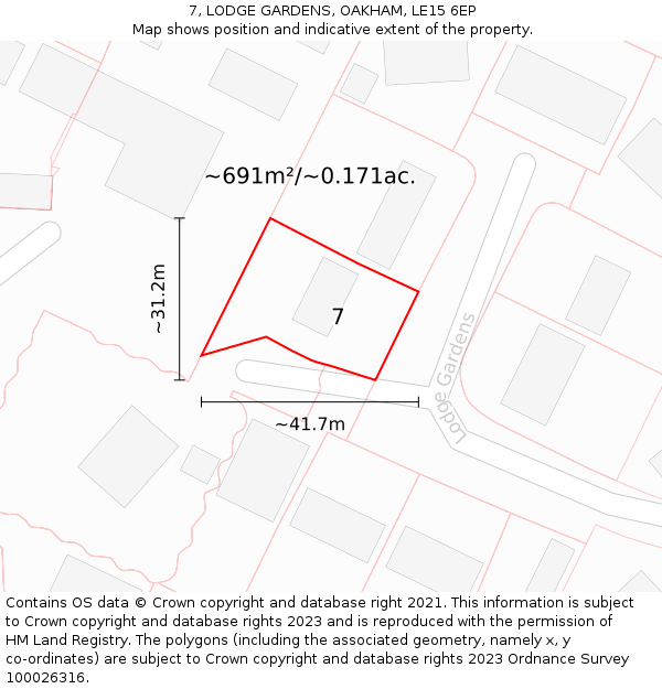 7, LODGE GARDENS, OAKHAM, LE15 6EP: Plot and title map