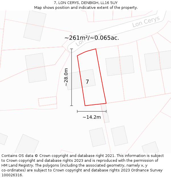 7, LON CERYS, DENBIGH, LL16 5UY: Plot and title map