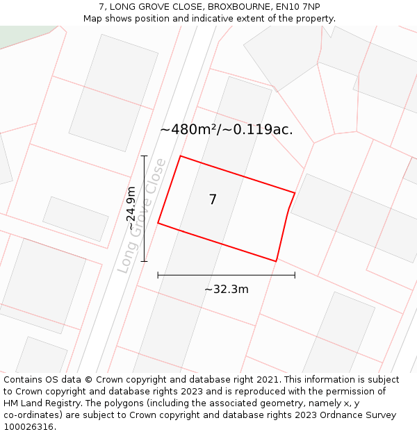 7, LONG GROVE CLOSE, BROXBOURNE, EN10 7NP: Plot and title map