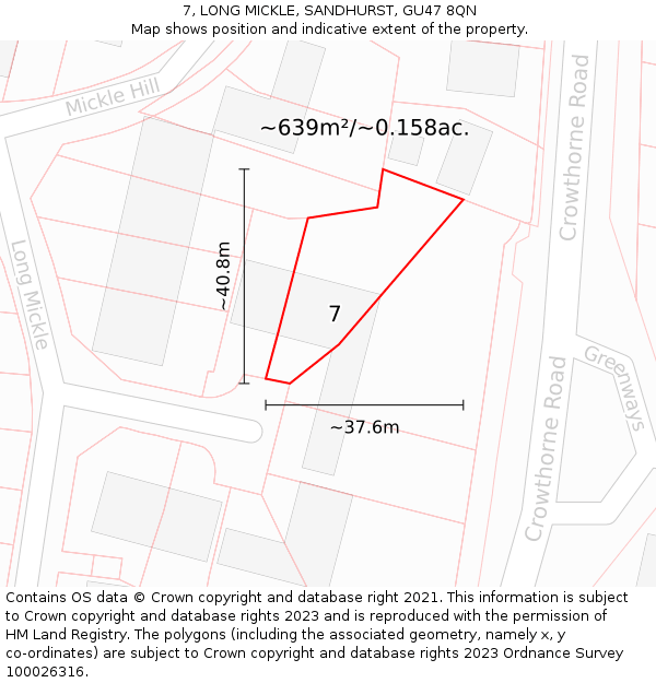 7, LONG MICKLE, SANDHURST, GU47 8QN: Plot and title map