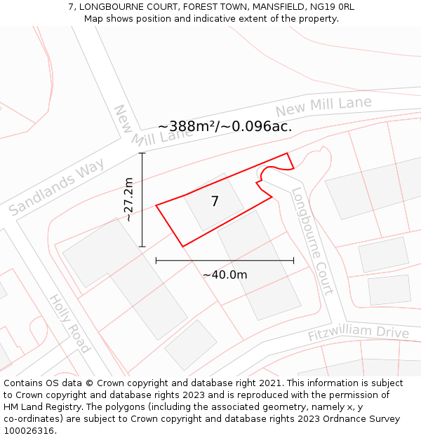 7, LONGBOURNE COURT, FOREST TOWN, MANSFIELD, NG19 0RL: Plot and title map