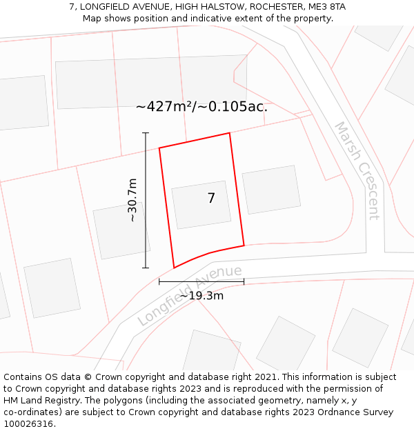 7, LONGFIELD AVENUE, HIGH HALSTOW, ROCHESTER, ME3 8TA: Plot and title map