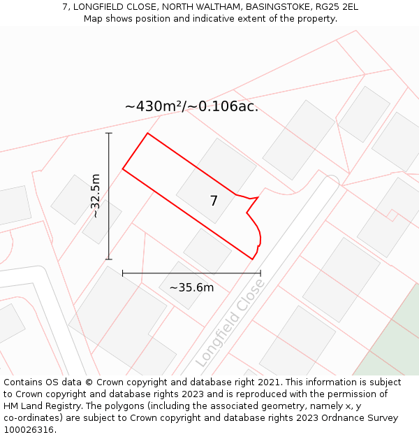 7, LONGFIELD CLOSE, NORTH WALTHAM, BASINGSTOKE, RG25 2EL: Plot and title map