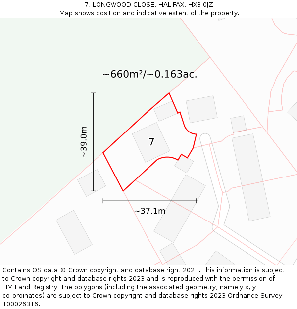 7, LONGWOOD CLOSE, HALIFAX, HX3 0JZ: Plot and title map