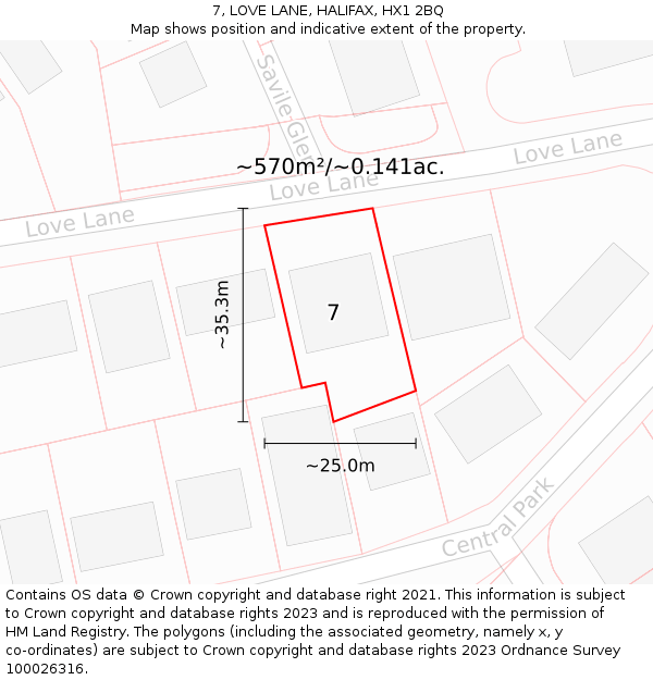 7, LOVE LANE, HALIFAX, HX1 2BQ: Plot and title map