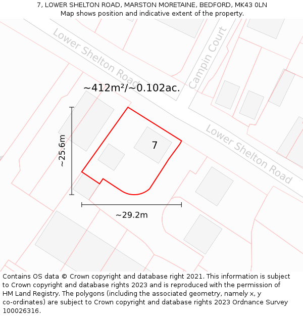 7, LOWER SHELTON ROAD, MARSTON MORETAINE, BEDFORD, MK43 0LN: Plot and title map