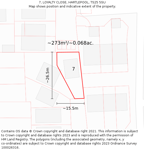 7, LOYALTY CLOSE, HARTLEPOOL, TS25 5SU: Plot and title map