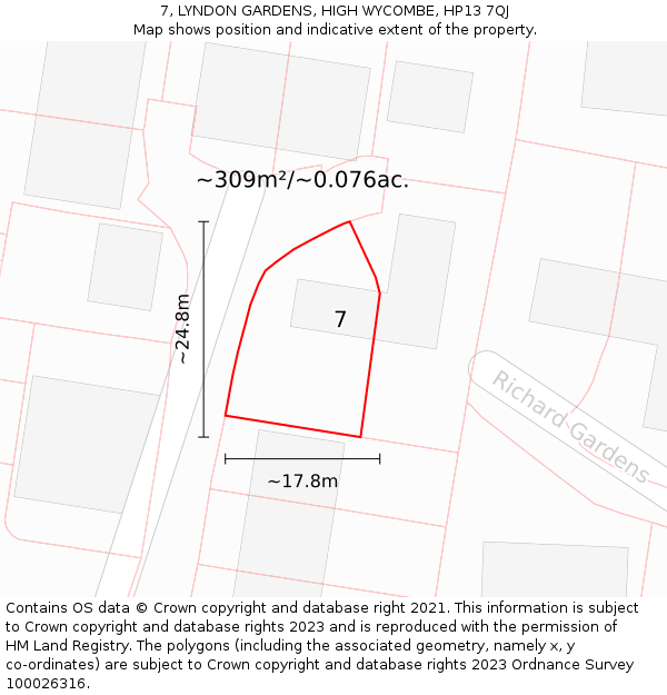 7, LYNDON GARDENS, HIGH WYCOMBE, HP13 7QJ: Plot and title map