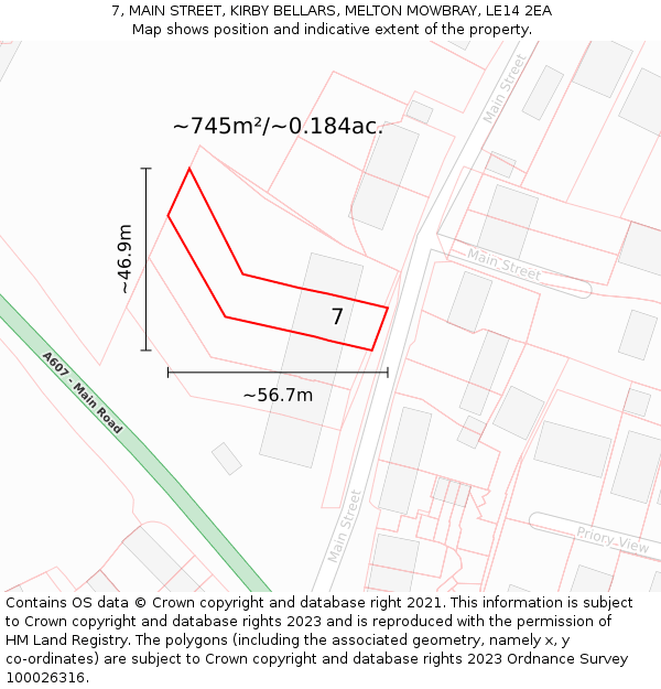 7, MAIN STREET, KIRBY BELLARS, MELTON MOWBRAY, LE14 2EA: Plot and title map