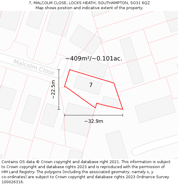 7, MALCOLM CLOSE, LOCKS HEATH, SOUTHAMPTON, SO31 6QZ: Plot and title map