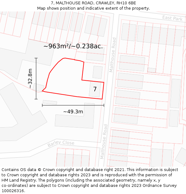 7, MALTHOUSE ROAD, CRAWLEY, RH10 6BE: Plot and title map