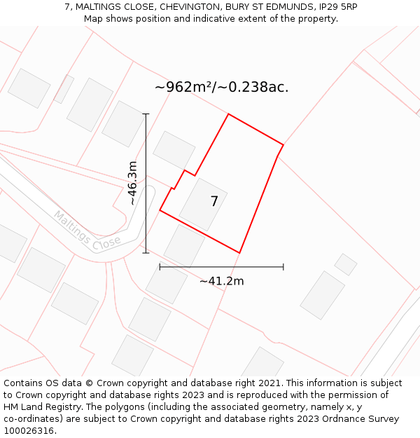 7, MALTINGS CLOSE, CHEVINGTON, BURY ST EDMUNDS, IP29 5RP: Plot and title map