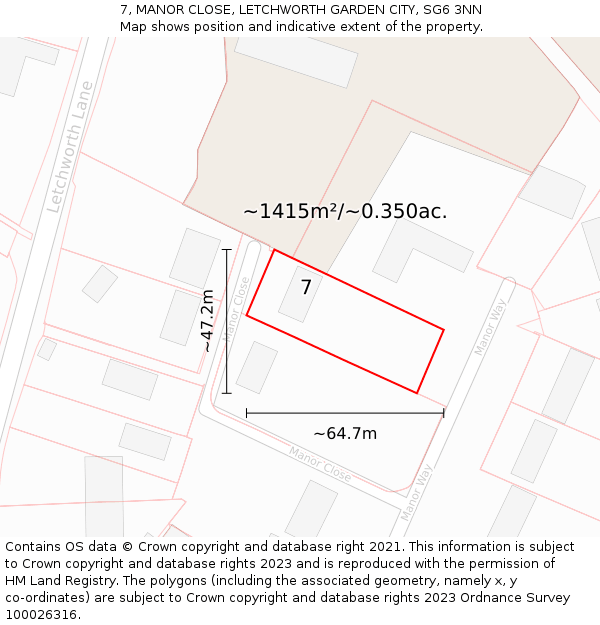 7, MANOR CLOSE, LETCHWORTH GARDEN CITY, SG6 3NN: Plot and title map