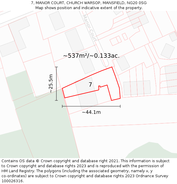 7, MANOR COURT, CHURCH WARSOP, MANSFIELD, NG20 0SG: Plot and title map