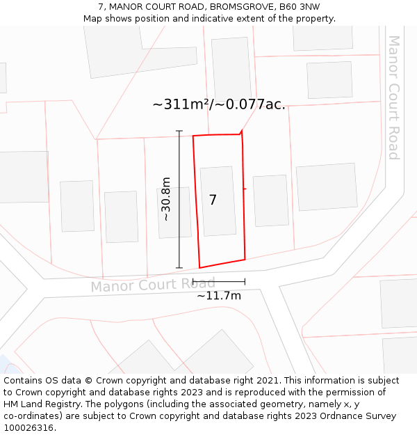 7, MANOR COURT ROAD, BROMSGROVE, B60 3NW: Plot and title map