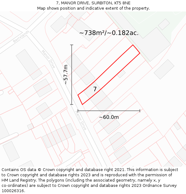 7, MANOR DRIVE, SURBITON, KT5 8NE: Plot and title map