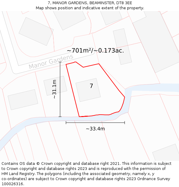 7, MANOR GARDENS, BEAMINSTER, DT8 3EE: Plot and title map