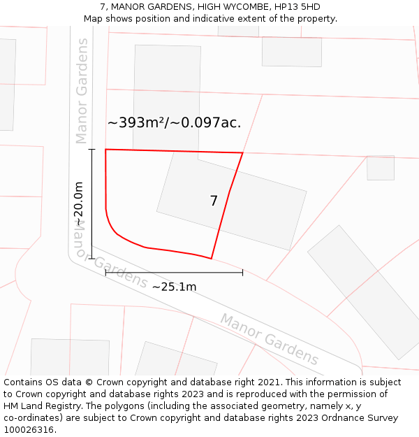 7, MANOR GARDENS, HIGH WYCOMBE, HP13 5HD: Plot and title map