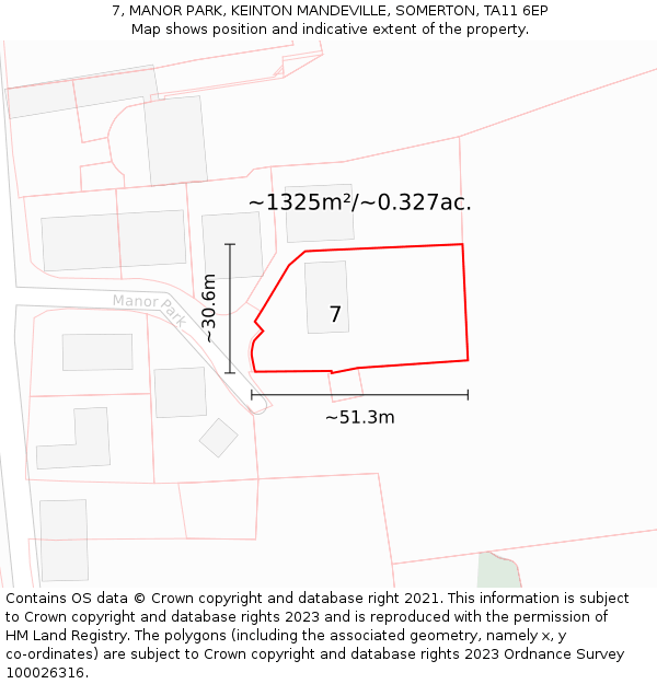 7, MANOR PARK, KEINTON MANDEVILLE, SOMERTON, TA11 6EP: Plot and title map