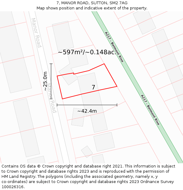 7, MANOR ROAD, SUTTON, SM2 7AG: Plot and title map