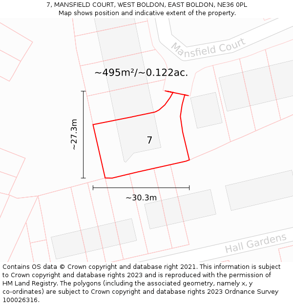 7, MANSFIELD COURT, WEST BOLDON, EAST BOLDON, NE36 0PL: Plot and title map