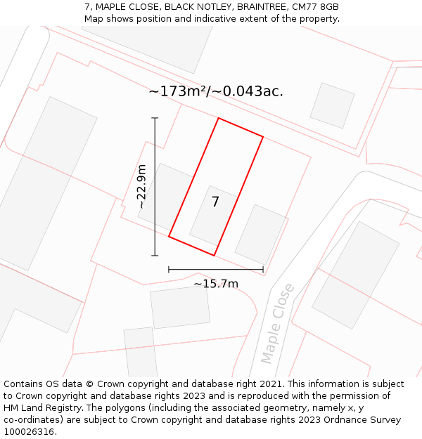 7, MAPLE CLOSE, BLACK NOTLEY, BRAINTREE, CM77 8GB: Plot and title map