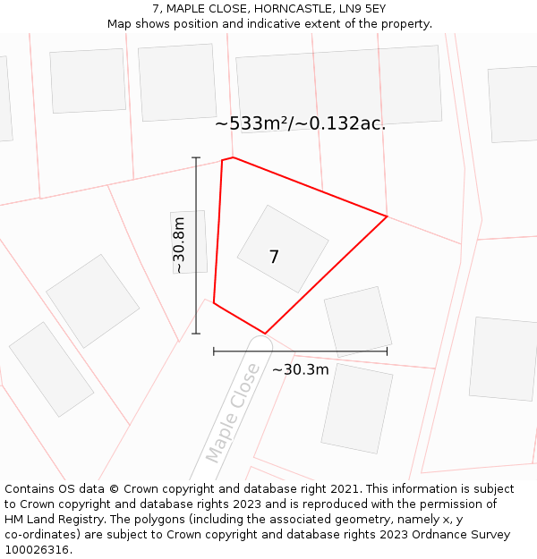 7, MAPLE CLOSE, HORNCASTLE, LN9 5EY: Plot and title map