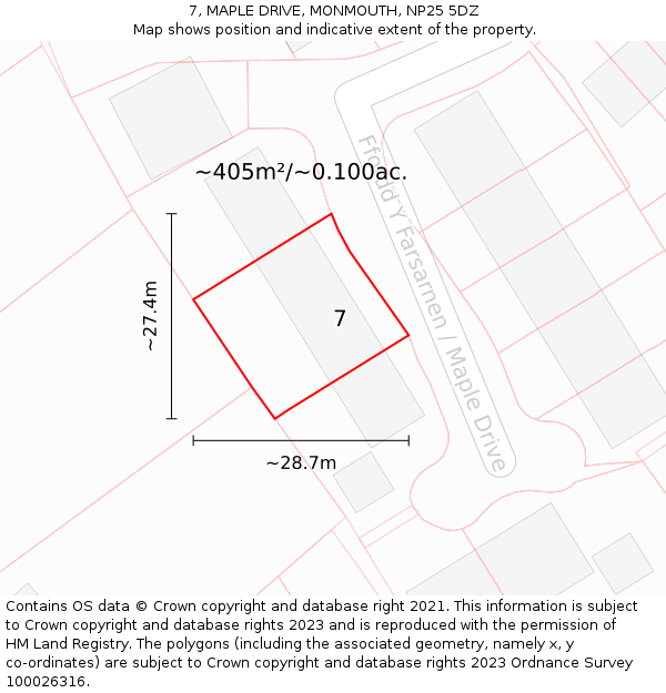 7, MAPLE DRIVE, MONMOUTH, NP25 5DZ: Plot and title map