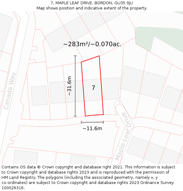 7, MAPLE LEAF DRIVE, BORDON, GU35 0JU: Plot and title map