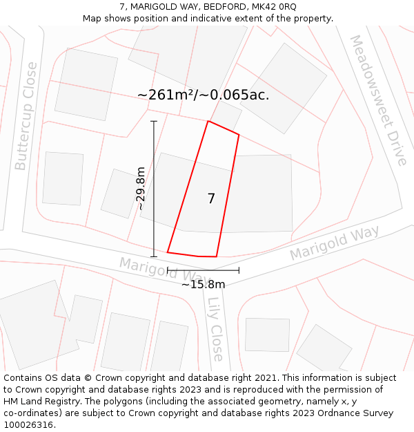 7, MARIGOLD WAY, BEDFORD, MK42 0RQ: Plot and title map