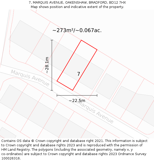 7, MARQUIS AVENUE, OAKENSHAW, BRADFORD, BD12 7HX: Plot and title map